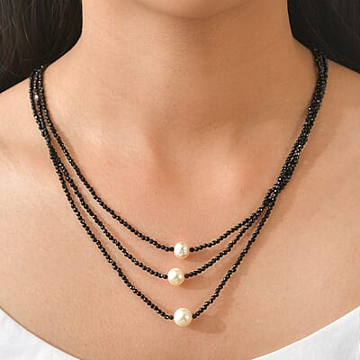 EverTrue Thai Black Spinel Beaded 70.00 ctw and Freshwater Pearl 3 Layered Necklace (20 Inches) in Stainless Steel