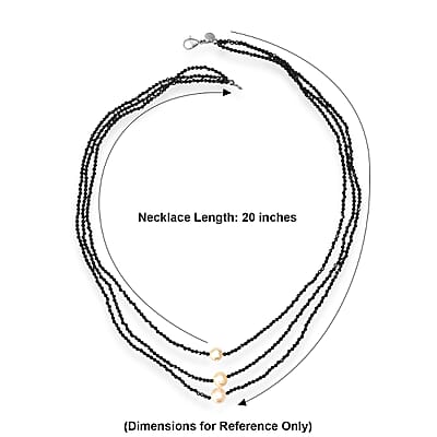 EverTrue Thai Black Spinel Beaded 70.00 ctw and Freshwater Pearl 3 Layered Necklace (20 Inches) in Stainless Steel