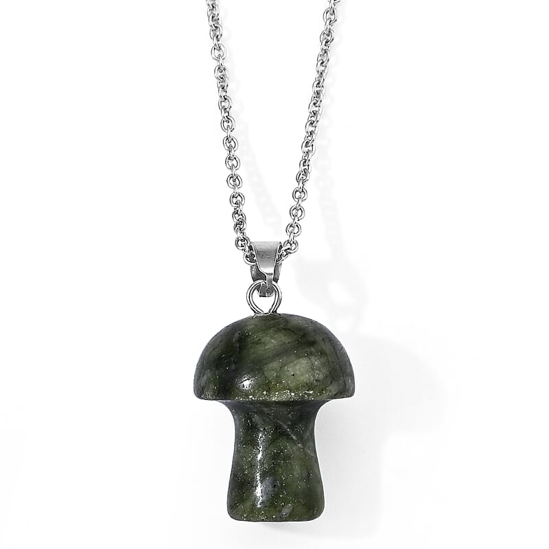 Southern Jade 23.00 ctw Mushroom Pendant in Silvertone with Stainless Steel Necklace (20 Inches)