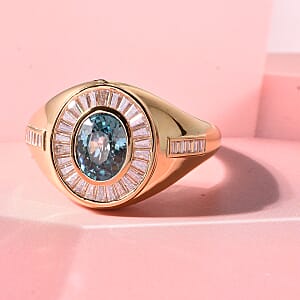 D'Joy Cambodian Blue Zircon and Moissanite 4.10 ctw Men's Ring in 18K Vermeil Yellow Gold Over Sterling Silver (Size 10.0)