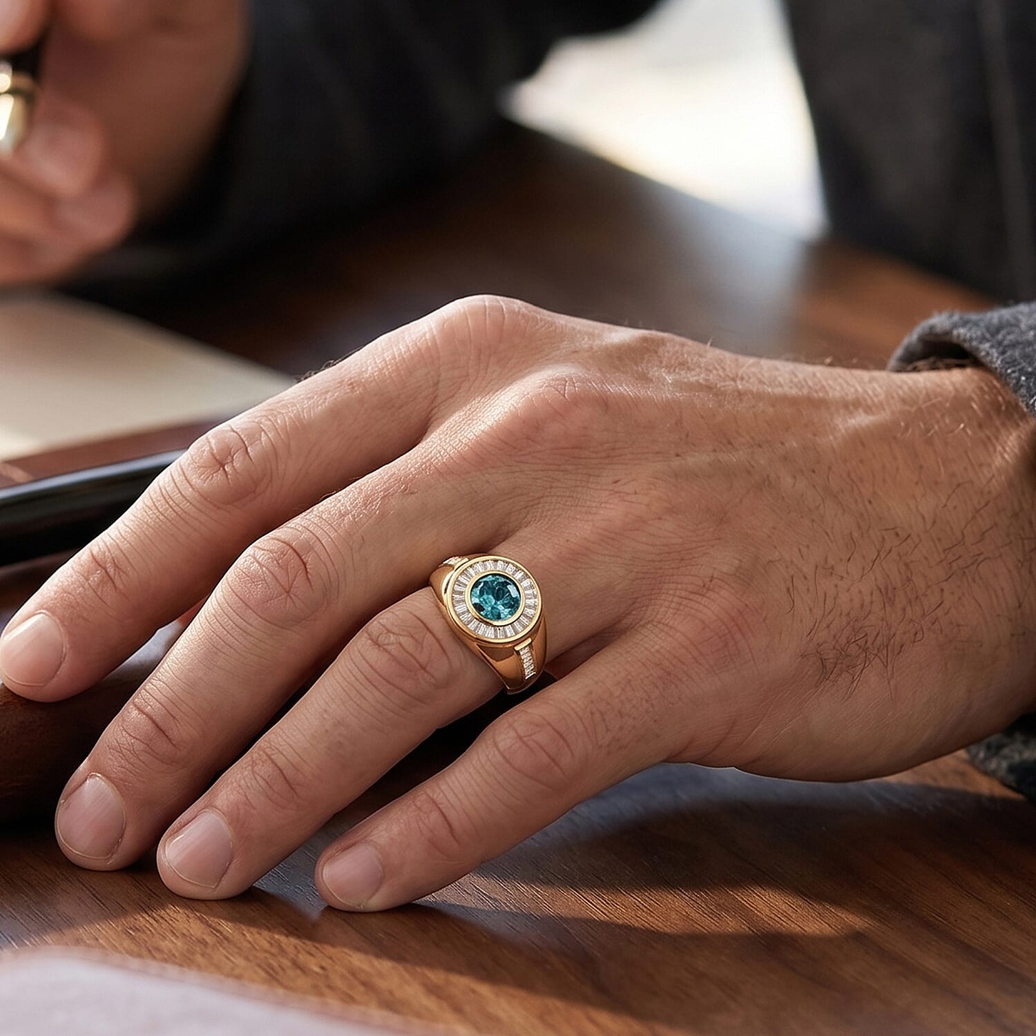 D'Joy Cambodian Blue Zircon and Moissanite 4.10 ctw Men's Ring in 18K Vermeil Yellow Gold Over Sterling Silver (Size 10.0)