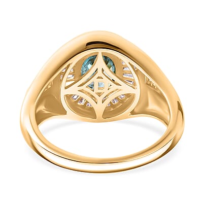 D'Joy Cambodian Blue Zircon and Moissanite 4.10 ctw Men's Ring in 18K Vermeil Yellow Gold Over Sterling Silver (Size 10.0)