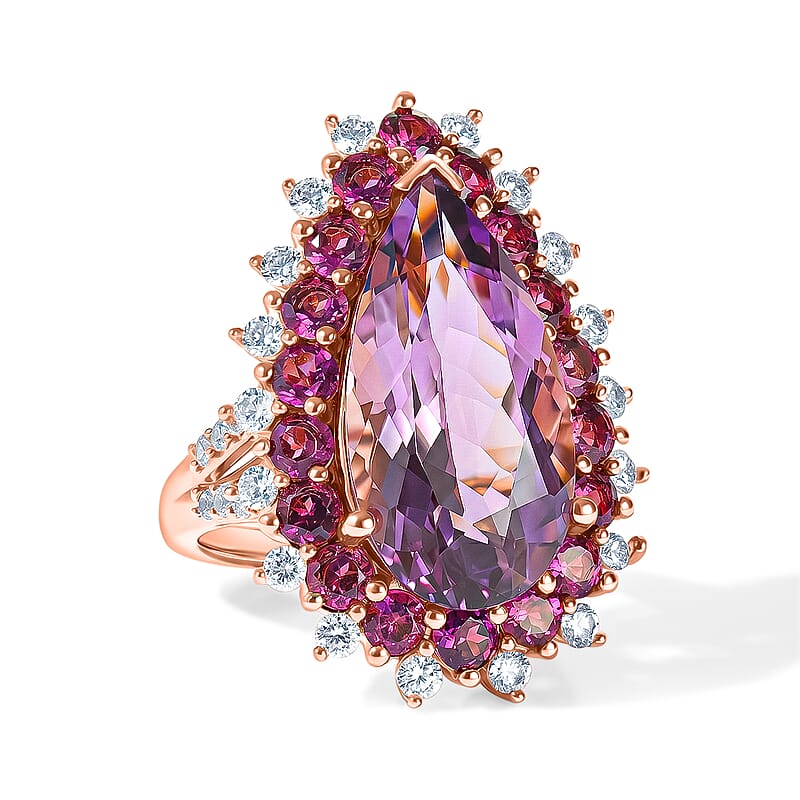 EverTrue Rose De France Amethyst and Multi Gemstone 11.50 ctw Regal Teardrop Ring in 18K RG Plated (Size 5.0)