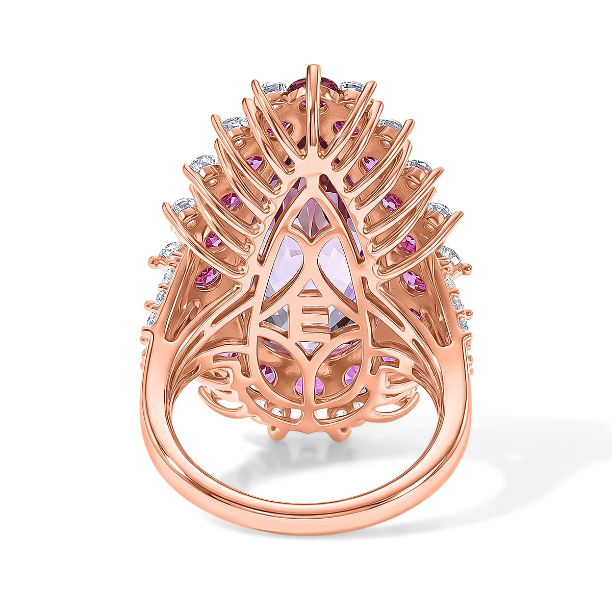 EverTrue Rose De France Amethyst and Multi Gemstone 11.50 ctw Regal Teardrop Ring in 18K RG Plated (Size 5.0)