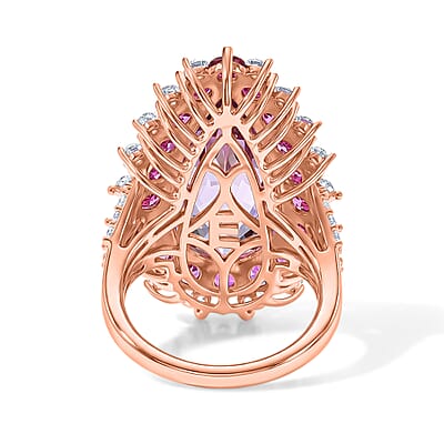 EverTrue Rose De France Amethyst and Multi Gemstone 11.50 ctw Regal Teardrop Ring in 18K RG Plated (Size 5.0)