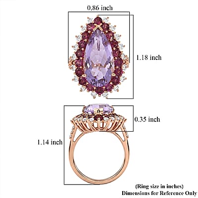 EverTrue Rose De France Amethyst and Multi Gemstone 11.50 ctw Regal Teardrop Ring in 18K RG Plated (Size 5.0)