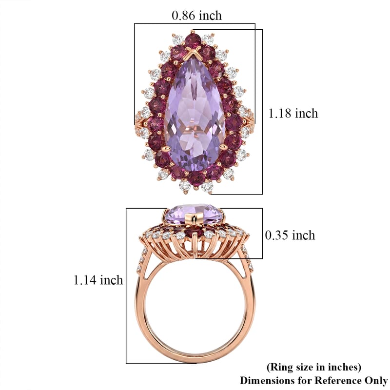 EverTrue Rose De France Amethyst and Multi Gemstone 11.50 ctw Regal Teardrop Ring in 18K RG Plated (Size 5.0)