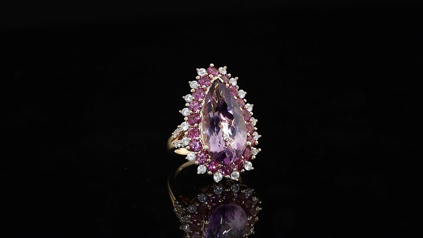 TLV EverTrue Rose De France Amethyst, Multi Gemstone Regal Teardrop Ring in 18K RG Plated (Size 10.0) 11.50 ctw