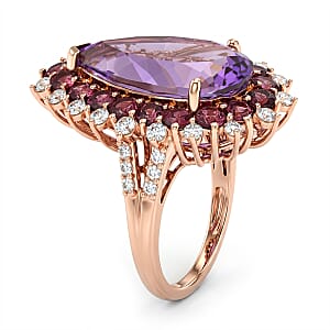 TLV EverTrue Rose De France Amethyst, Multi Gemstone Ring in 18K RG Plated (Size 8.0) 11.50 ctw