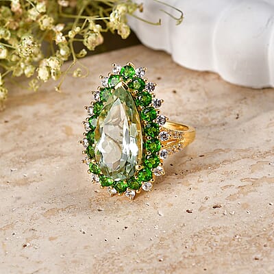 EverTrue Montezuma Prasiolite and Multi Gemstone 11.15 ctw Regal Teardrop Ring in 18K YG Plated (Size 5.0)