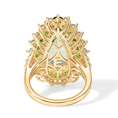 EverTrue Montezuma Prasiolite and Multi Gemstone 11.15 ctw Regal Teardrop Ring in 18K YG Plated (Size 5.0)