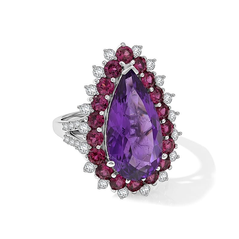 EverTrue African Amethyst and Multi Gemstone 10.40 ctw Regal Teardrop Ring in Platinum Bond (Size 5.0)