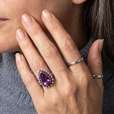 EverTrue African Amethyst and Multi Gemstone 10.40 ctw Regal Teardrop Ring in Platinum Bond (Size 5.0)