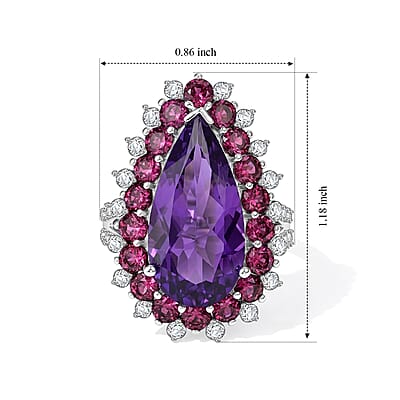 EverTrue African Amethyst and Multi Gemstone 10.40 ctw Regal Teardrop Ring in Platinum Bond (Size 5.0)