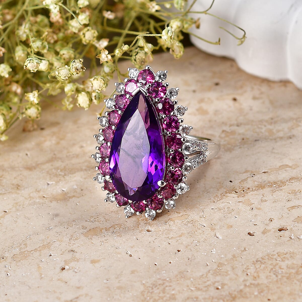 EverTrue African Amethyst and Multi Gemstone 10.40 ctw Half Eternity Band Ring in Platinum Bond (Size 6.0) image number 1