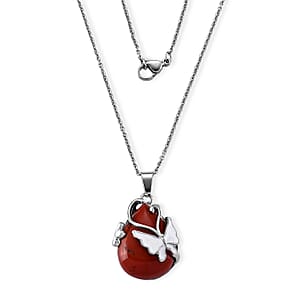 Red Jasper 28.50 ctw Butterfly Pendant Necklace (20 Inches) in Stainless Steel