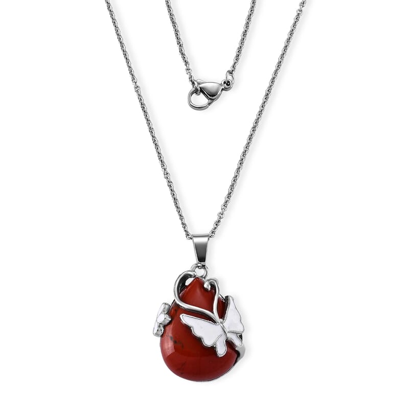 Red Jasper 28.50 ctw Butterfly Pendant Necklace (20 Inches) in Stainless Steel