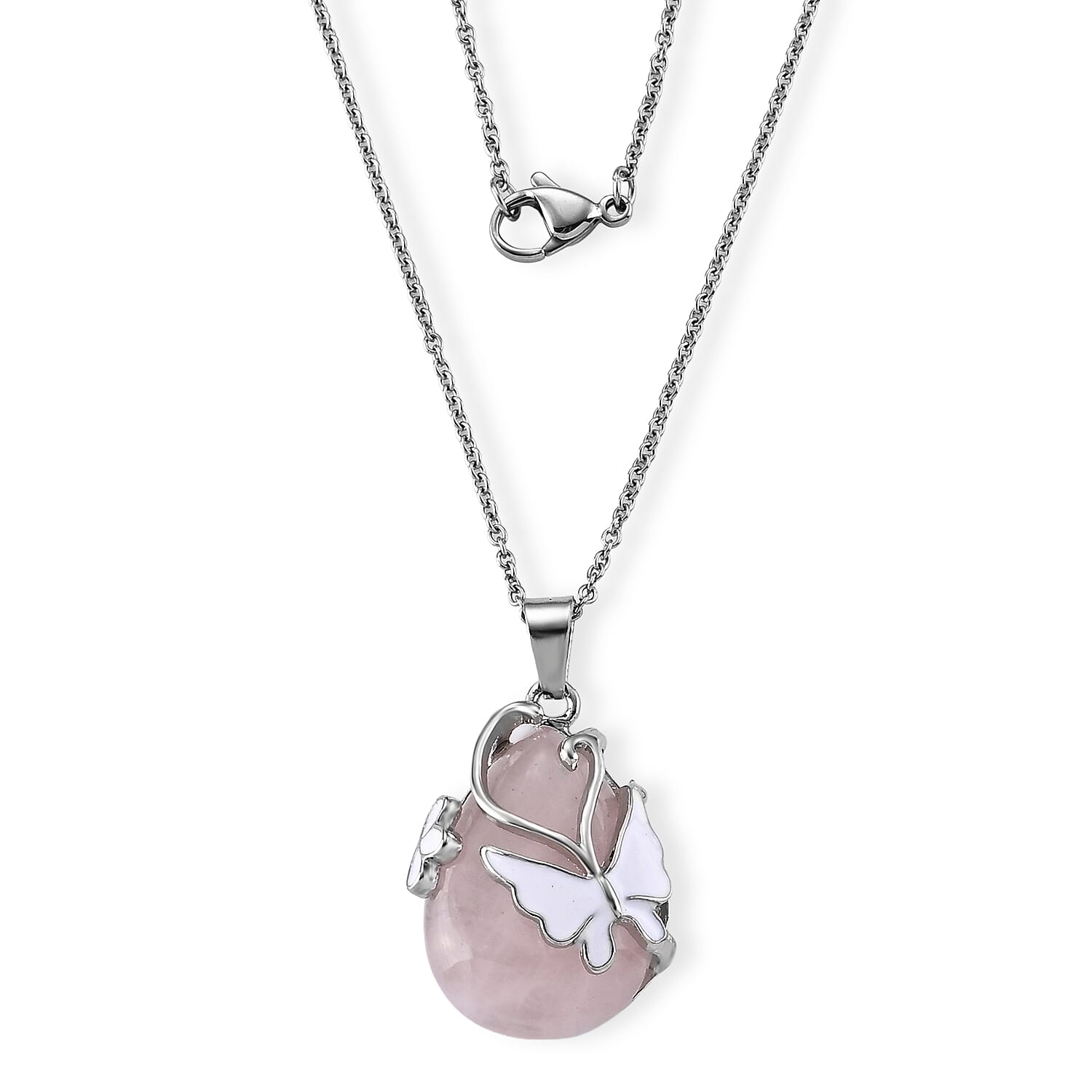 Galilea Rose Quartz 28.50 ctw Butterfly Pendant Necklace (20 Inches) in Stainless Steel