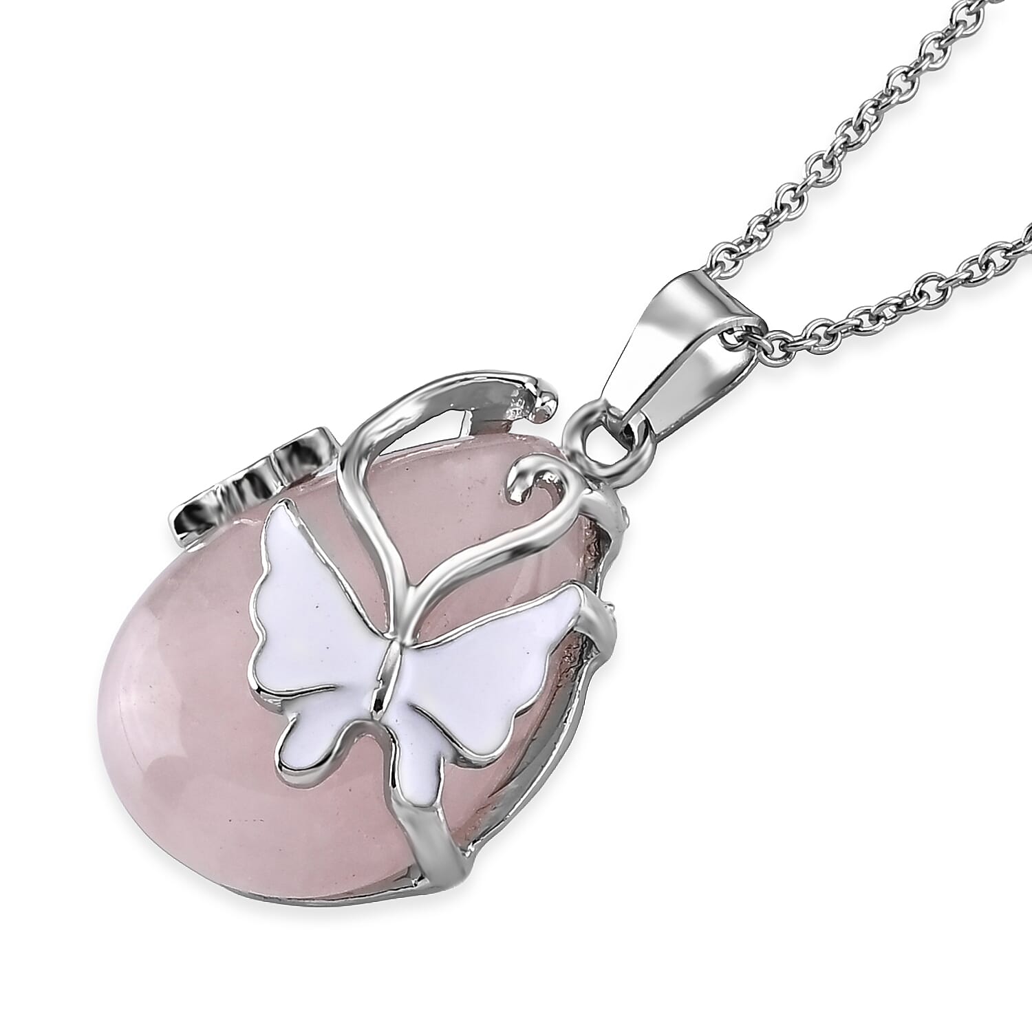 Galilea Rose Quartz 28.50 ctw Butterfly Pendant Necklace (20 Inches) in Stainless Steel