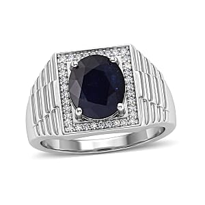 D'Joy Premium Kanchanaburi Blue Sapphire (DF) and Moissanite 4.60 ctw Men's Ring in Rhodium Over Sterling Silver (Size 14.0)