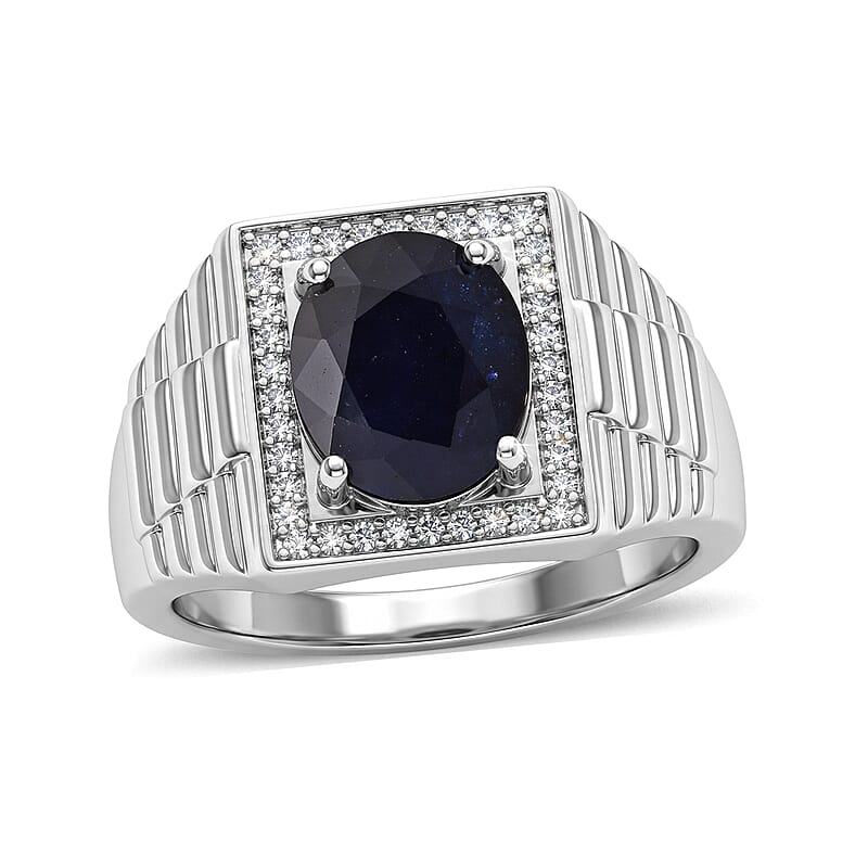 D'Joy Premium Kanchanaburi Blue Sapphire (DF) and Moissanite 4.60 ctw Men's Ring in Rhodium Over Sterling Silver (Size 9.0)
