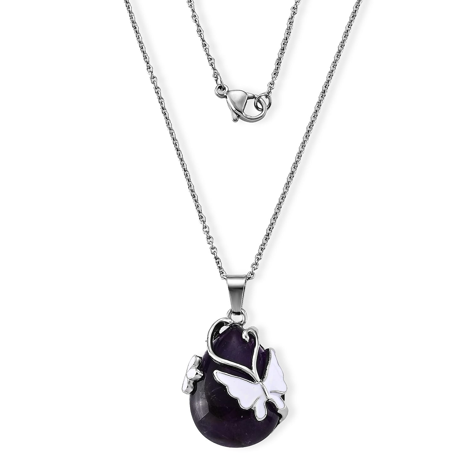 African Amethyst 28.50 ctw Butterfly Pendant Necklace (20 Inches) in Stainless Steel