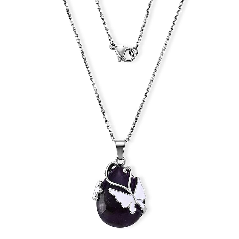 African Amethyst 28.50 ctw Butterfly Pendant Necklace (20 Inches) in Stainless Steel