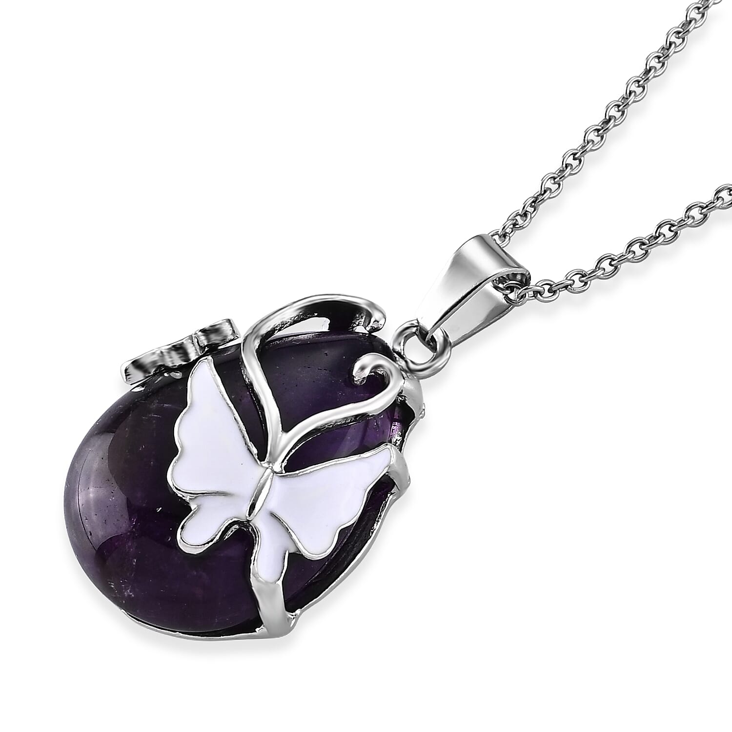 African Amethyst 28.50 ctw Butterfly Pendant Necklace (20 Inches) in Stainless Steel