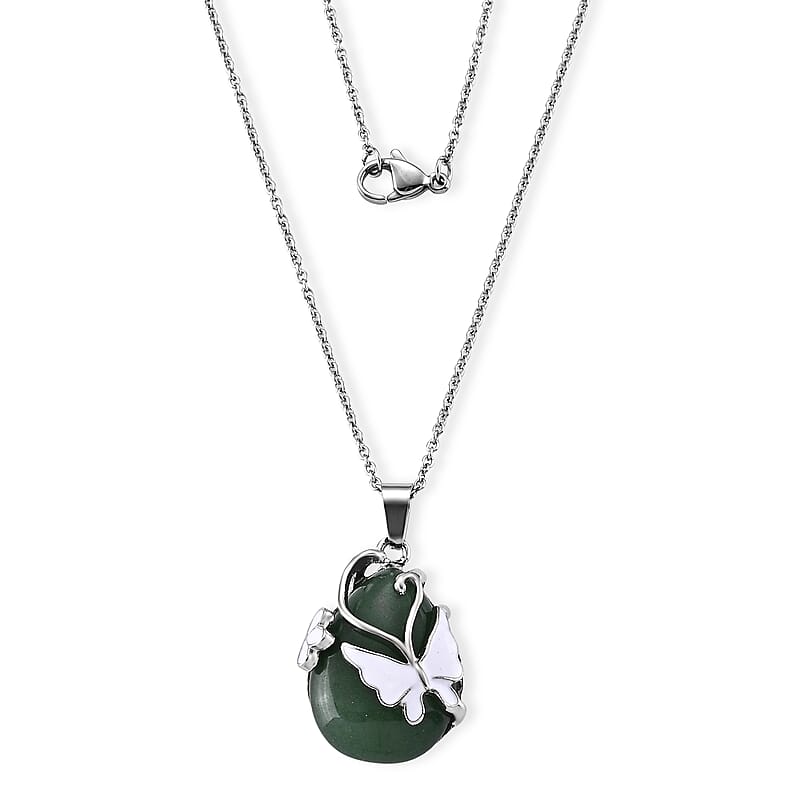Green Aventurine 28.50 ctw Butterfly Pendant Necklace (20 Inches) in Stainless Steel