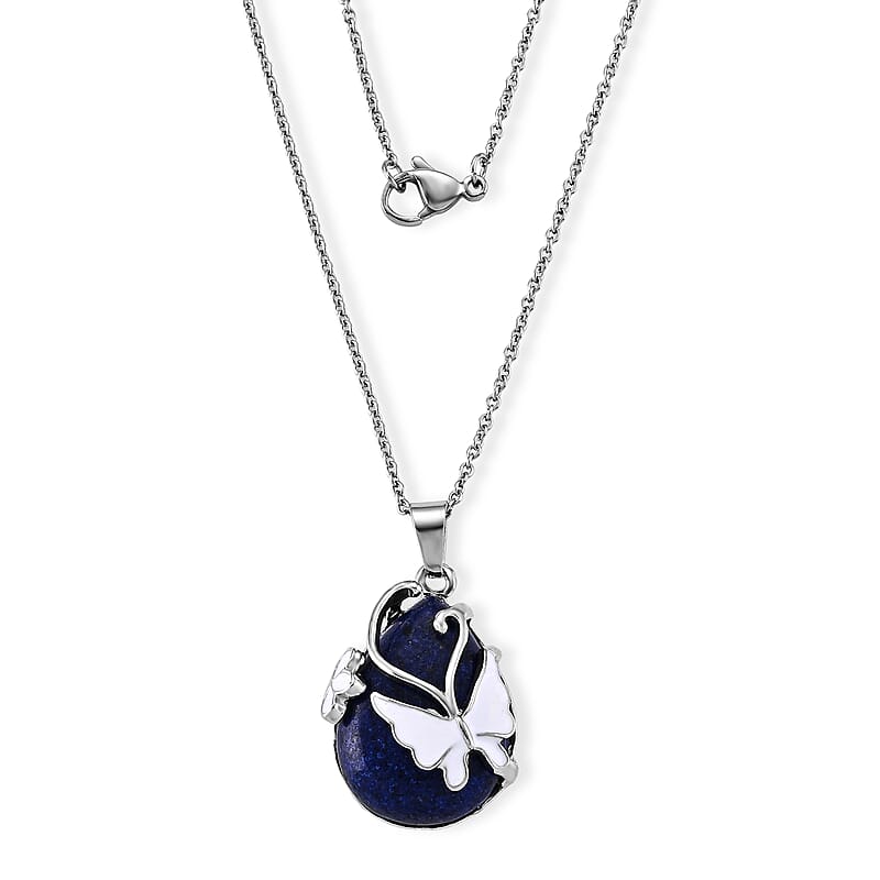 Lapis Lazuli 28.50 ctw Butterfly Pendant Necklace (20 Inches) in Stainless Steel