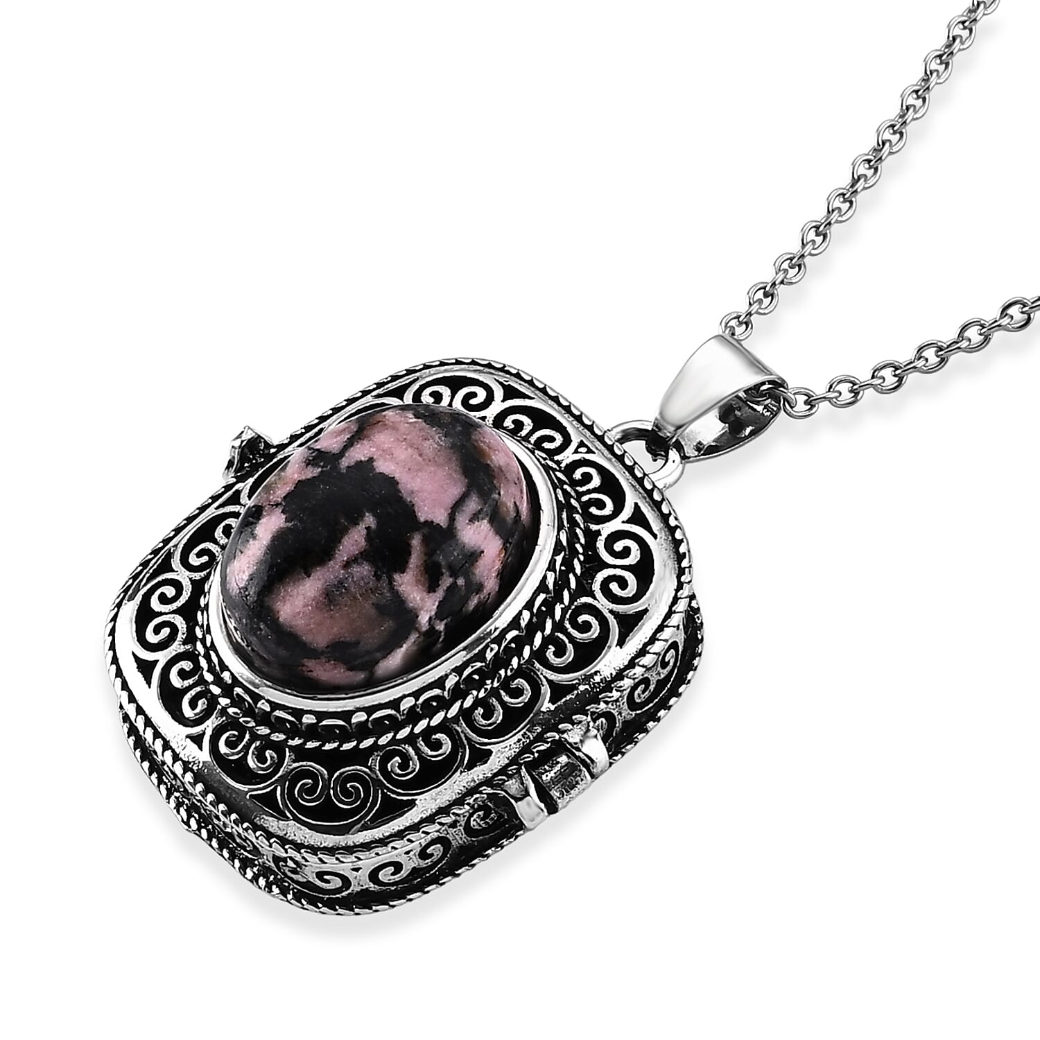 Rhodonite 28.00 ctw Pendant in Silvertone with Stainless Steel Necklace (20 Inches)