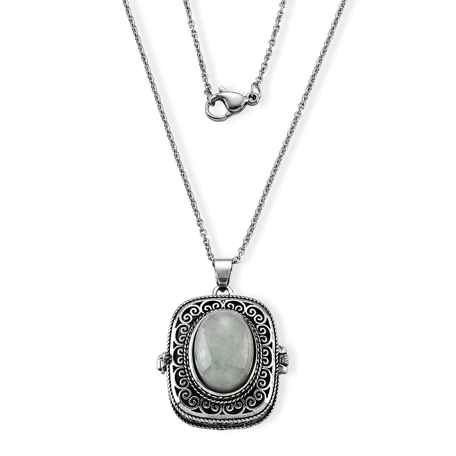 Green Aventurine 28.00 ctw Filigree Pendant in Silvertone with Stainless Steel Necklace (20 Inches)