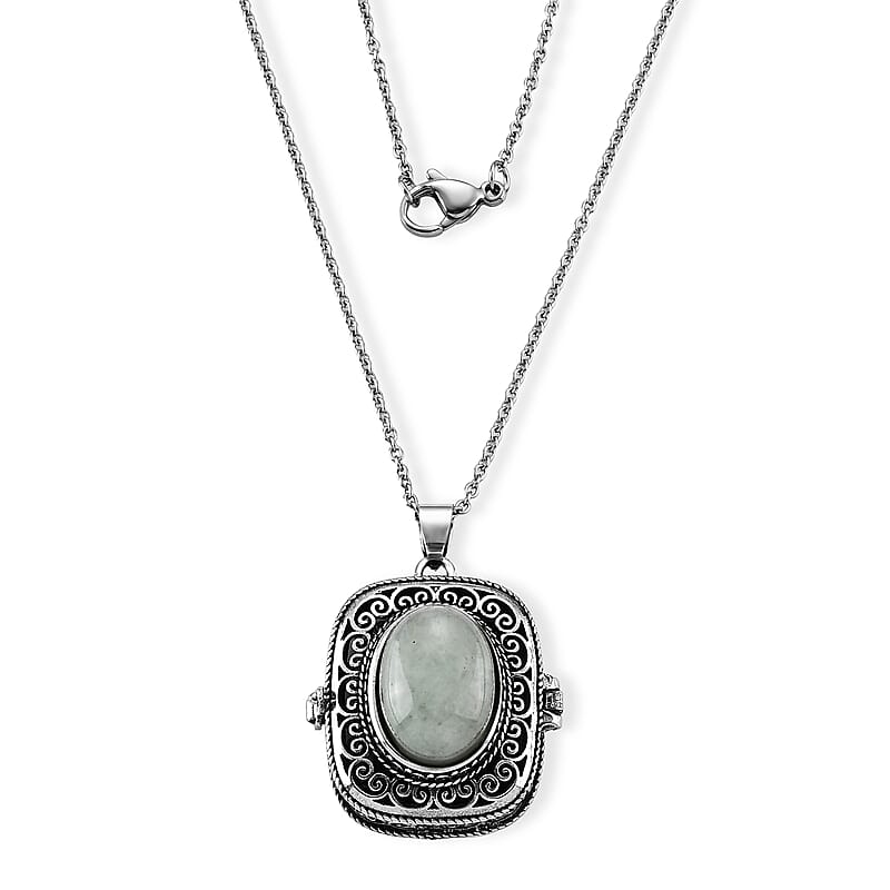 Green Aventurine 28.00 ctw Filigree Pendant in Silvertone with Stainless Steel Necklace (20 Inches)