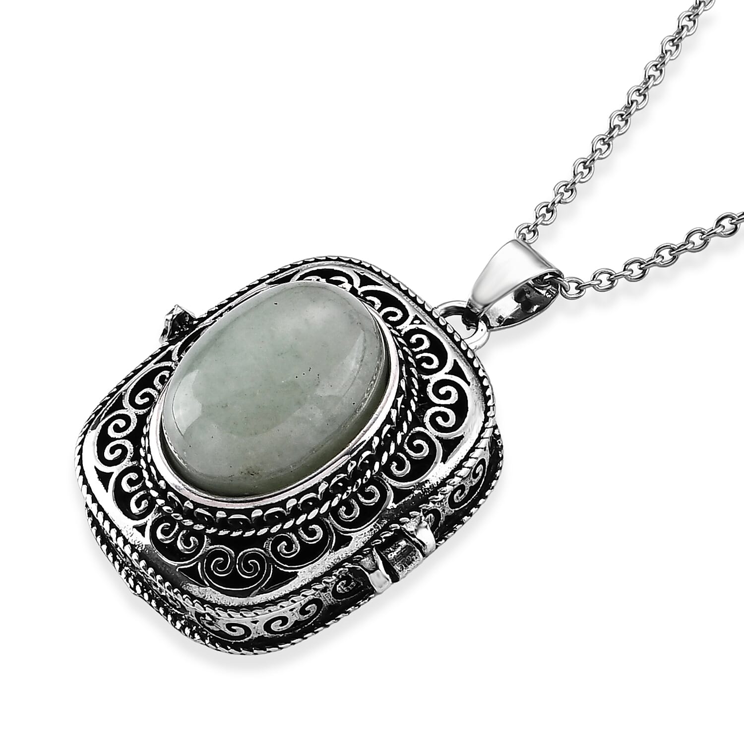 Green Aventurine 28.00 ctw Filigree Pendant in Silvertone with Stainless Steel Necklace (20 Inches)