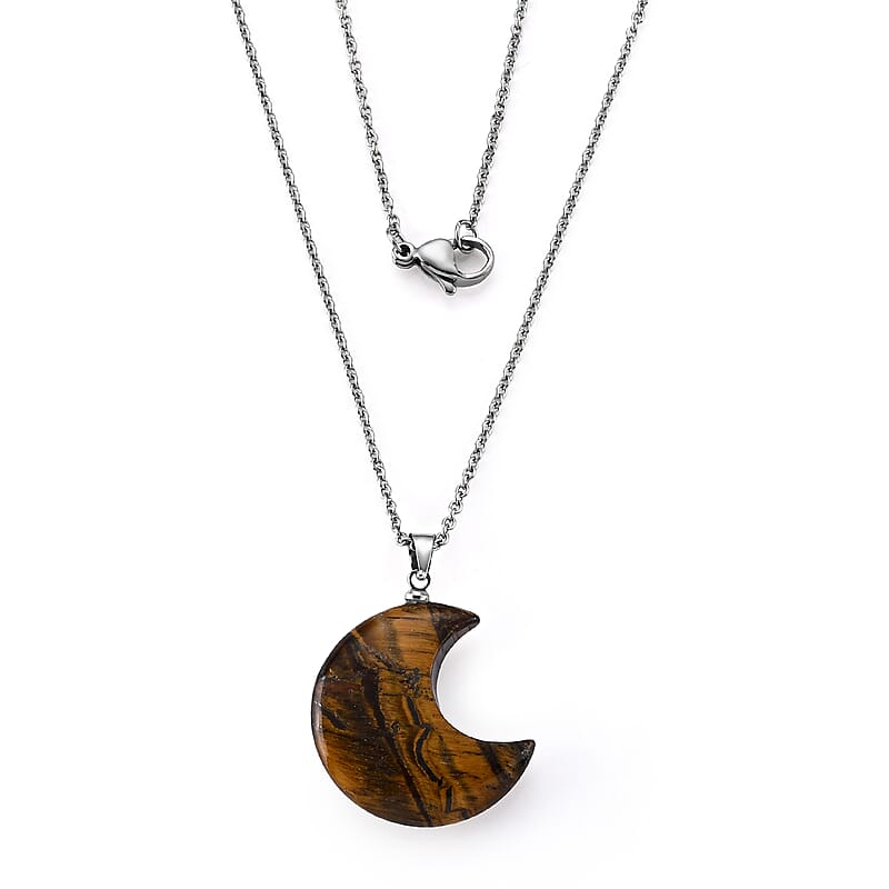 Tigers Eye 25.00 ctw Pendant in Silvertone with Stainless Steel Necklace (20 Inches)
