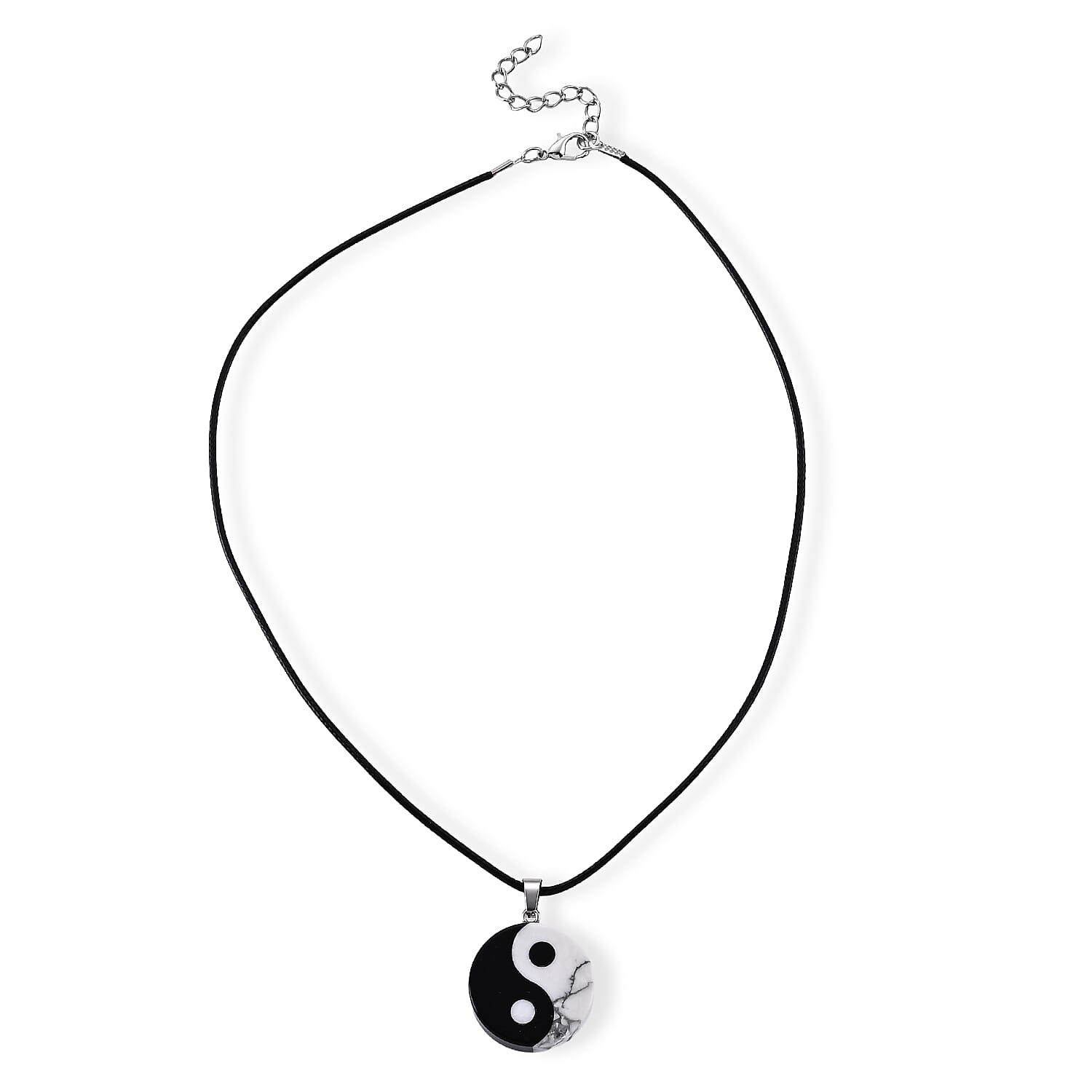 Howlite and Black Obsidian 40.00 ctw Pendant with Wax Cord Necklace (18-20 Inches) in Silvertone