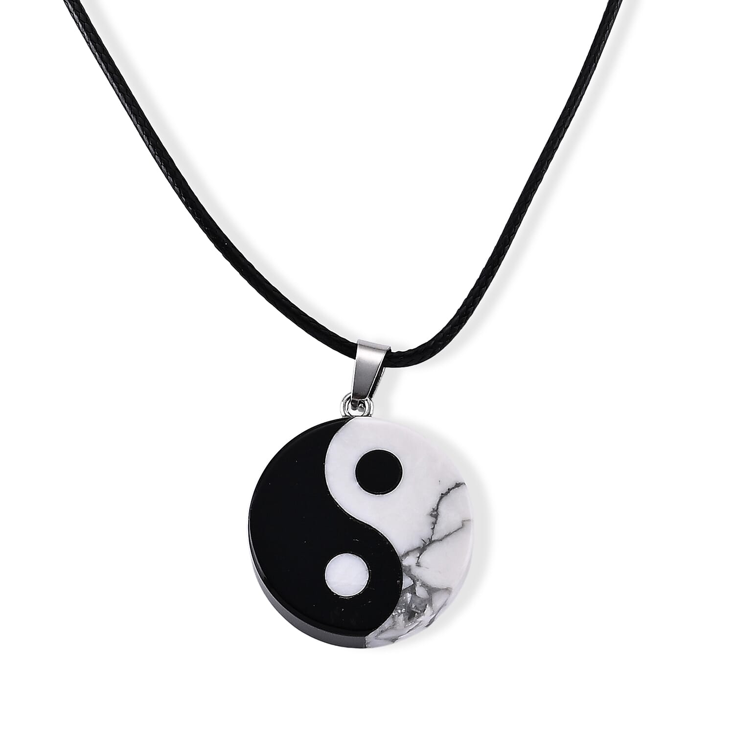 Howlite and Black Obsidian 40.00 ctw Pendant with Wax Cord Necklace (18-20 Inches) in Silvertone