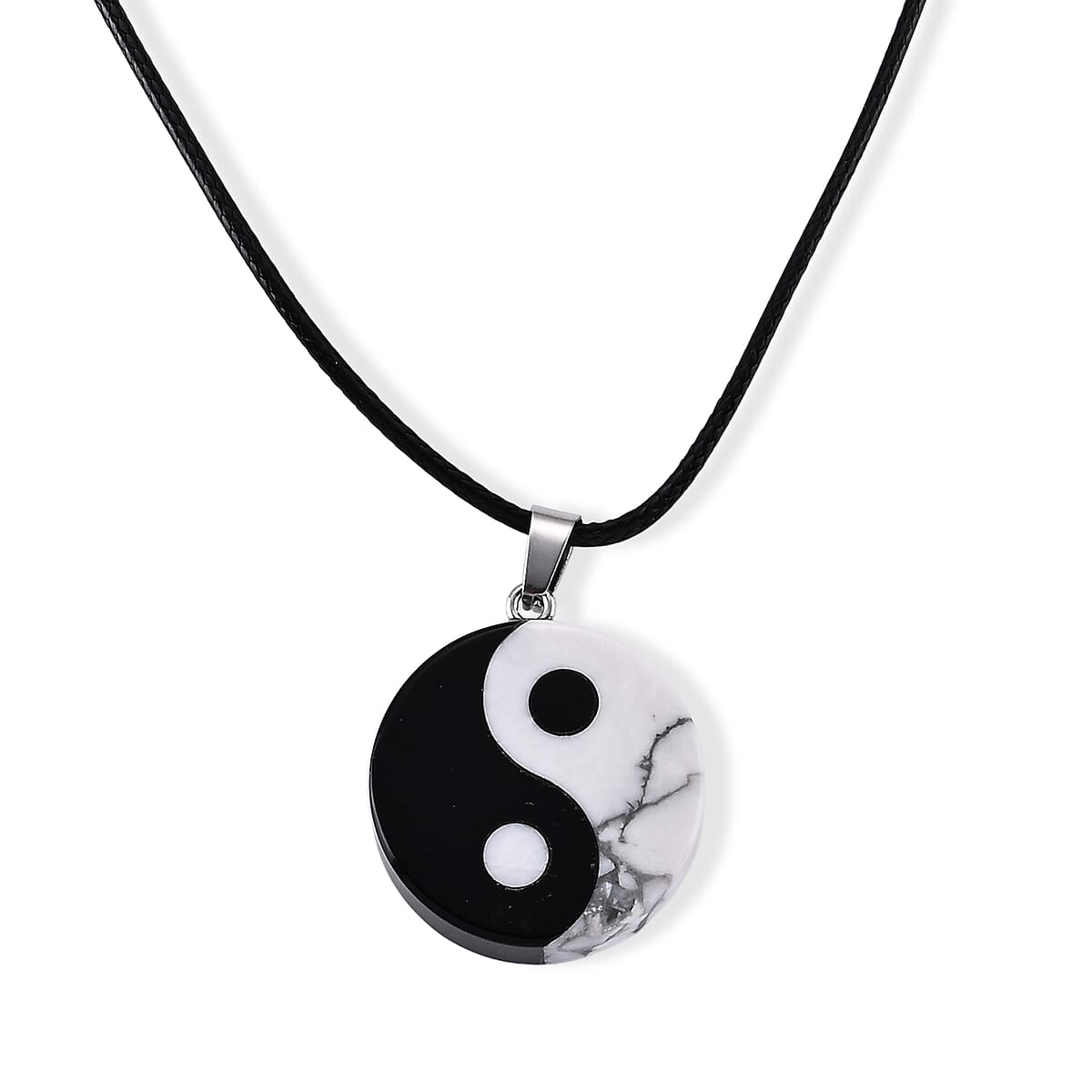 Howlite and Black Obsidian 40.00 ctw Pendant with Wax Cord Necklace (18-20 Inches) in Silvertone image number 1