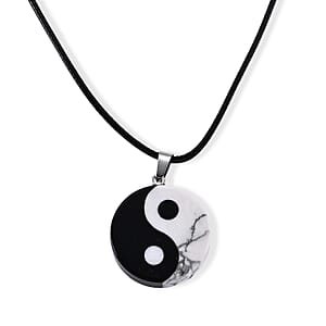 Howlite and Black Obsidian 40.00 ctw Pendant with Wax Cord Necklace (18-20 Inches) in Silvertone