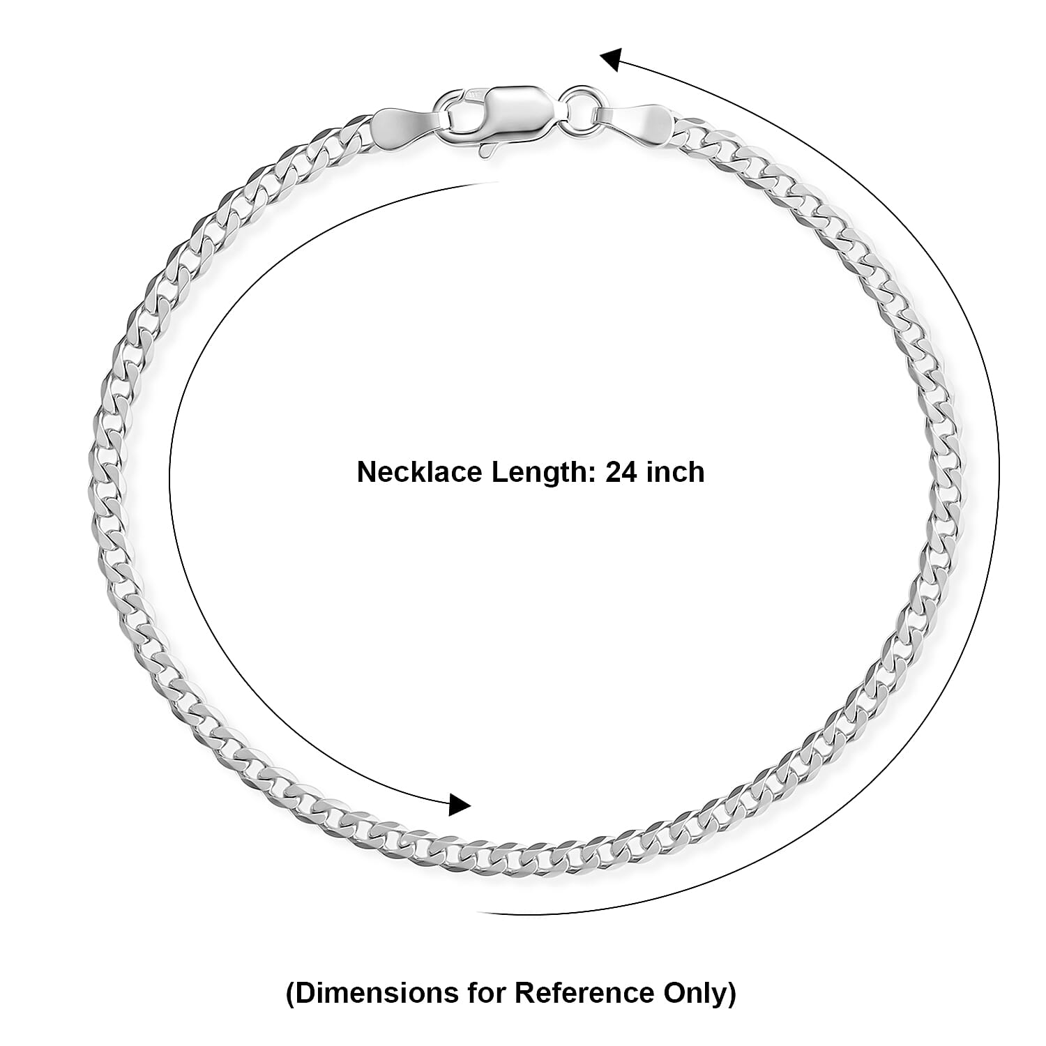 3.5mm Curb Men's Chain Necklace in Rhodium Over Sterling Silver 24 Inches 15 Grams