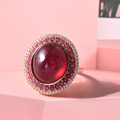D'Joy Niassa Ruby (FF) and White Zircon 28.25 ctw Regal Eclipse Ring in 18K Vermeil Yellow Gold Over Sterling Silver (Size 6.0)