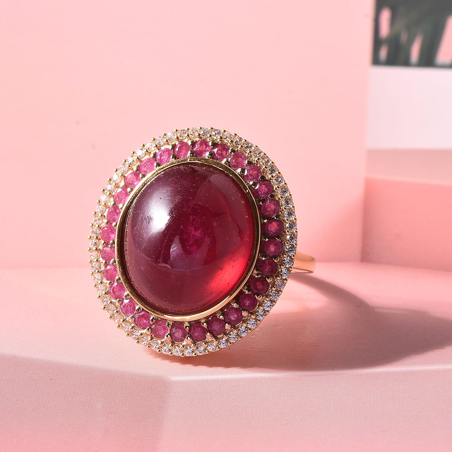 D'Joy Niassa Ruby (FF) and White Zircon 28.25 ctw Regal Eclipse Ring in 18K Vermeil Yellow Gold Over Sterling Silver (Size 7.0)