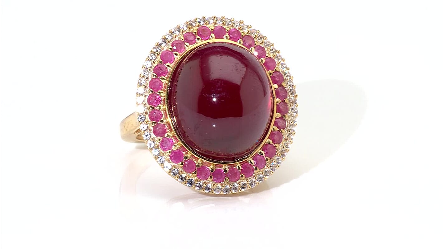 D'Joy Niassa Ruby (FF), White Zircon Ring in 18K Vermeil YG Over Sterling Silver (Size 10.0) 28.25 ctw