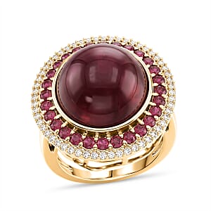 D'Joy Niassa Ruby (FF) and White Zircon 28.25 ctw Regal Eclipse Ring in 18K Vermeil Yellow Gold Over Sterling Silver (Size 8.0) (Ships in 8-10 Days)