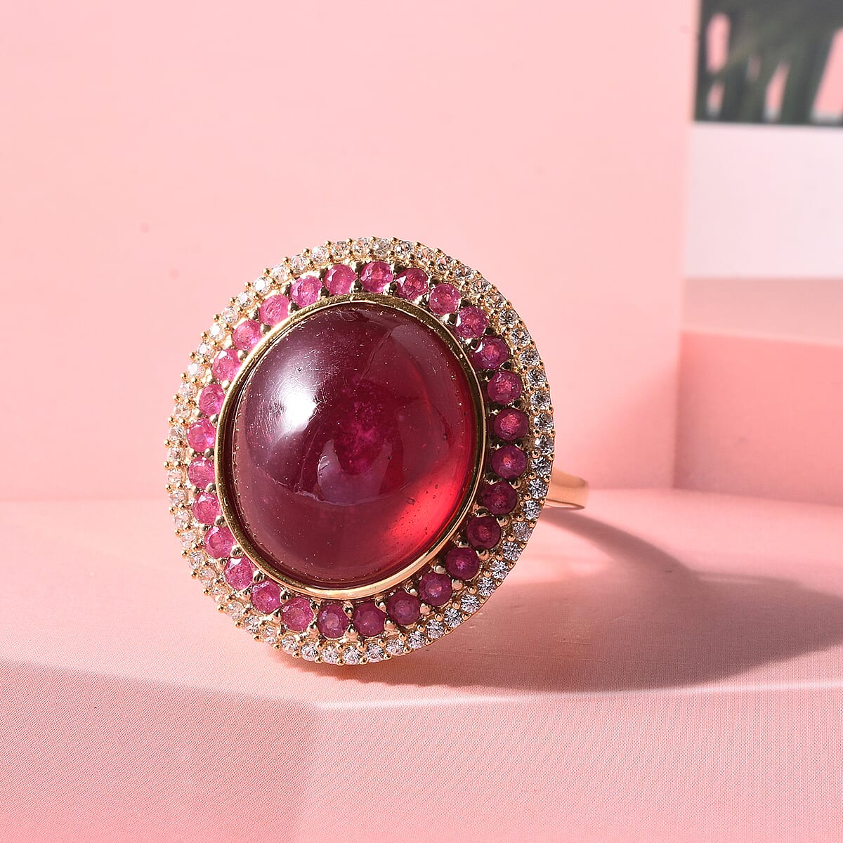 D'Joy Niassa Ruby (FF) and White Zircon 28.25 ctw Regal Eclipse Ring in 18K Vermeil Yellow Gold Over Sterling Silver (Size 8.0) (Ships in 8-10 Days) image number 1