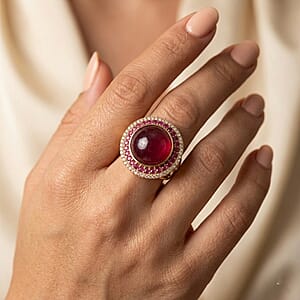 D'Joy Niassa Ruby (FF) and White Zircon 28.25 ctw Regal Eclipse Ring in 18K Vermeil Yellow Gold Over Sterling Silver (Size 8.0) (Ships in 8-10 Days)
