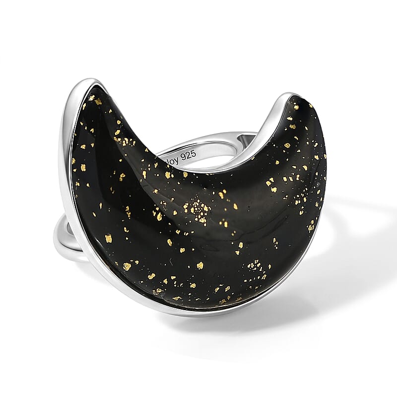 D'Joy Black Murano Style Moon Shape Ring in Rhodium Over Sterling Silver (Size 10.0)