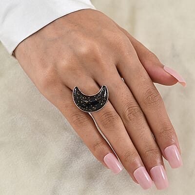 D'Joy Black Murano Style Moon Shape Ring in Rhodium Over Sterling Silver (Size 10.0)