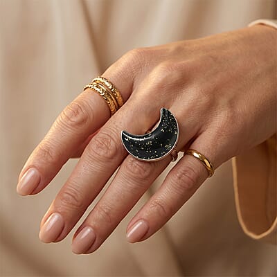 D'Joy Black Murano Style Moon Shape Ring in Rhodium Over Sterling Silver (Size 10.0)