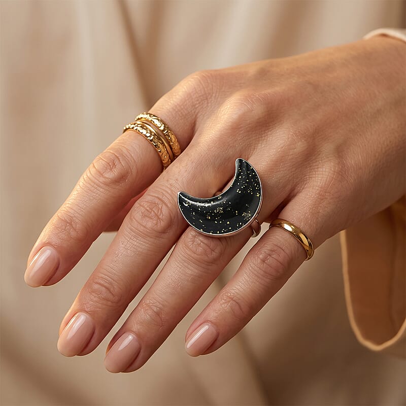 D'Joy Black Murano Style Moon Shape Ring in Rhodium Over Sterling Silver (Size 10.0)